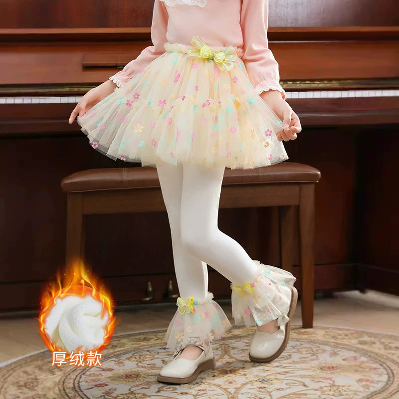 Qızlar üçün bir hissəli ətək şalvarları, 2025-ci ilin yaz və payız mövsümü üçün yeni model uşaq qış geyimləri, flis astarlı, süni iki hissəli leqinslər, ağ, çöldə geyinmək üçün.