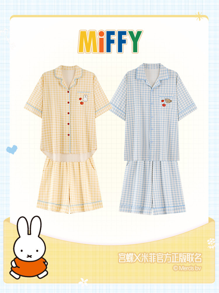 Gongdie [sərin tip] Qadınlar üçün Miffy cüt pijama kişilər üçün yay qısaqol pambıq plaid hırka böyük ölçülü ev geyimi