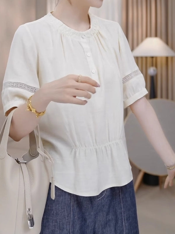 Böyük Ölçülü Qadın Geyimləri 2026 Yay Yeni Gəlişi: Dəbli Dəyirmi Yaxalı İncələdici Qırışlı Bel Qısa Qollu Köynək Top