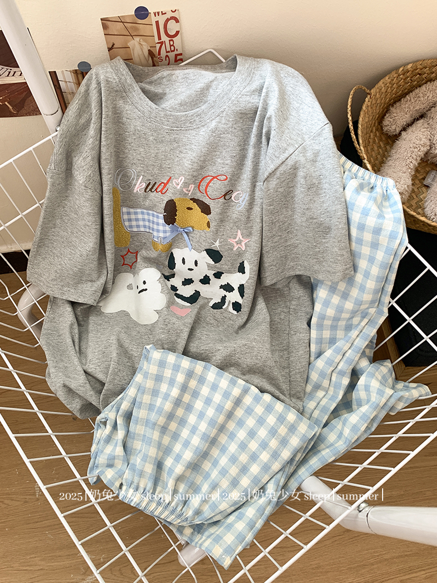 Qadınlar üçün əyləncəli dachshund it pijaması, yay təmiz pambıq dəyirmi boyun, Koreya üslublu ins üslublu qısaqol üç parçalı ev paltarı
