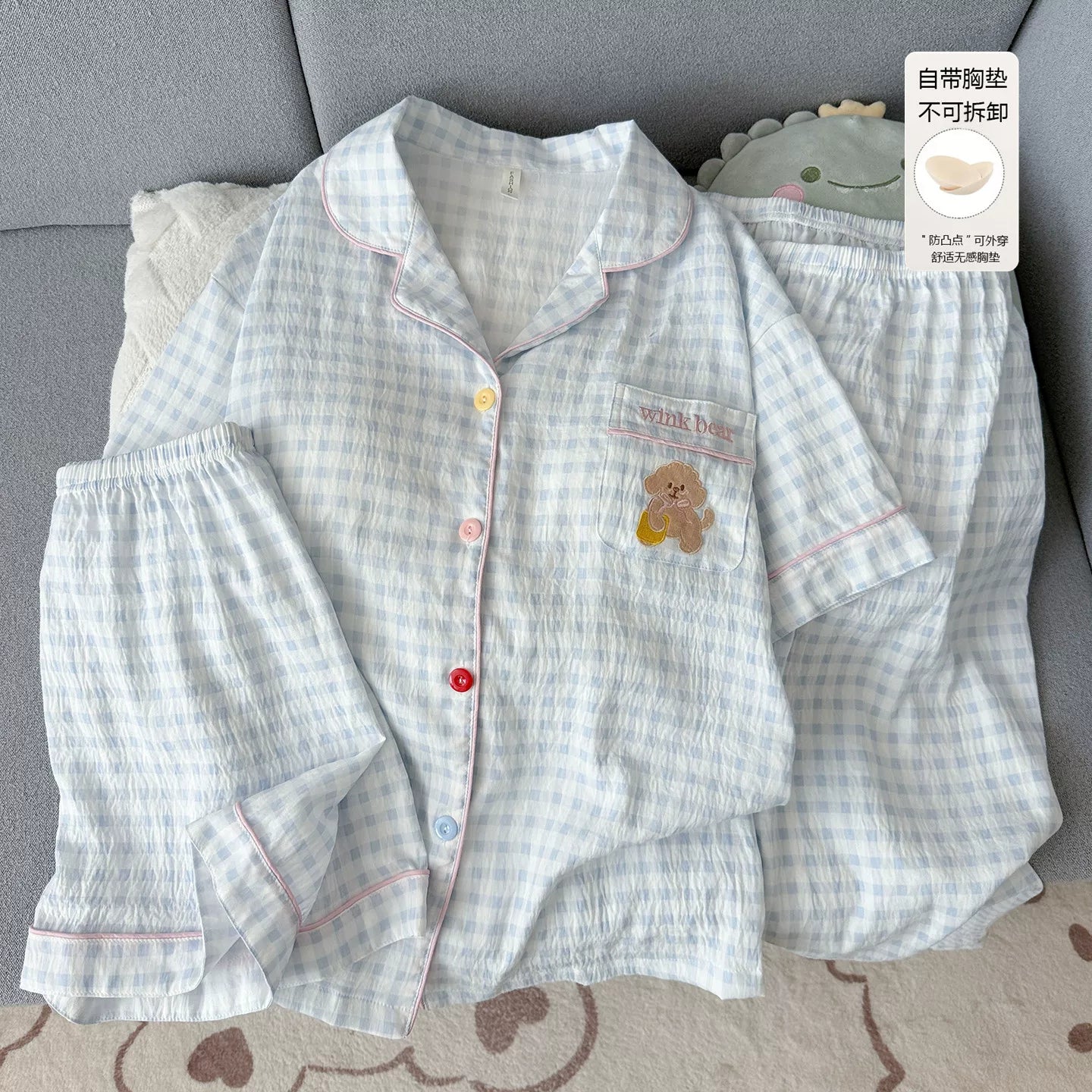 Qadınlar üçün qısaqol pijama 2026 yay 2026 yeni plaid bulud pambıq döş yastığı ilə üç parça kostyum nazik ev paltarı yaz və payız