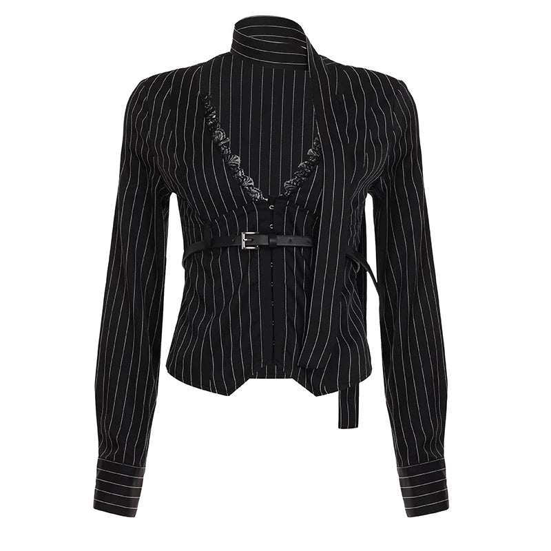 ROCKMORE [Üsyankar Ofis Stili] Yüksək Zəkalı Krujeva ilə Bükülmüş V-yaxalı Zolaqlı Köynək, Kəmər və Şərfli Futbolka