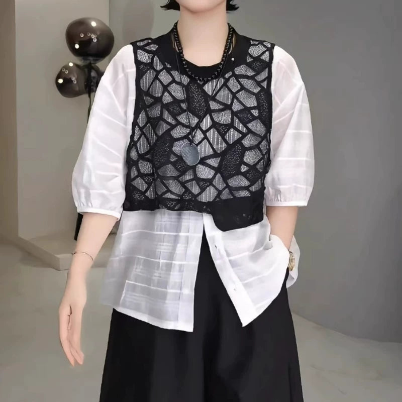 Avropa Stil 2026 Yay Yeni Plus Ölçülü Dizayn Krujeva Yamaqlı Dəyirmi Yaxalı Boş Qısa Qollu Köynək Qadınlar üçün Ən Trendy