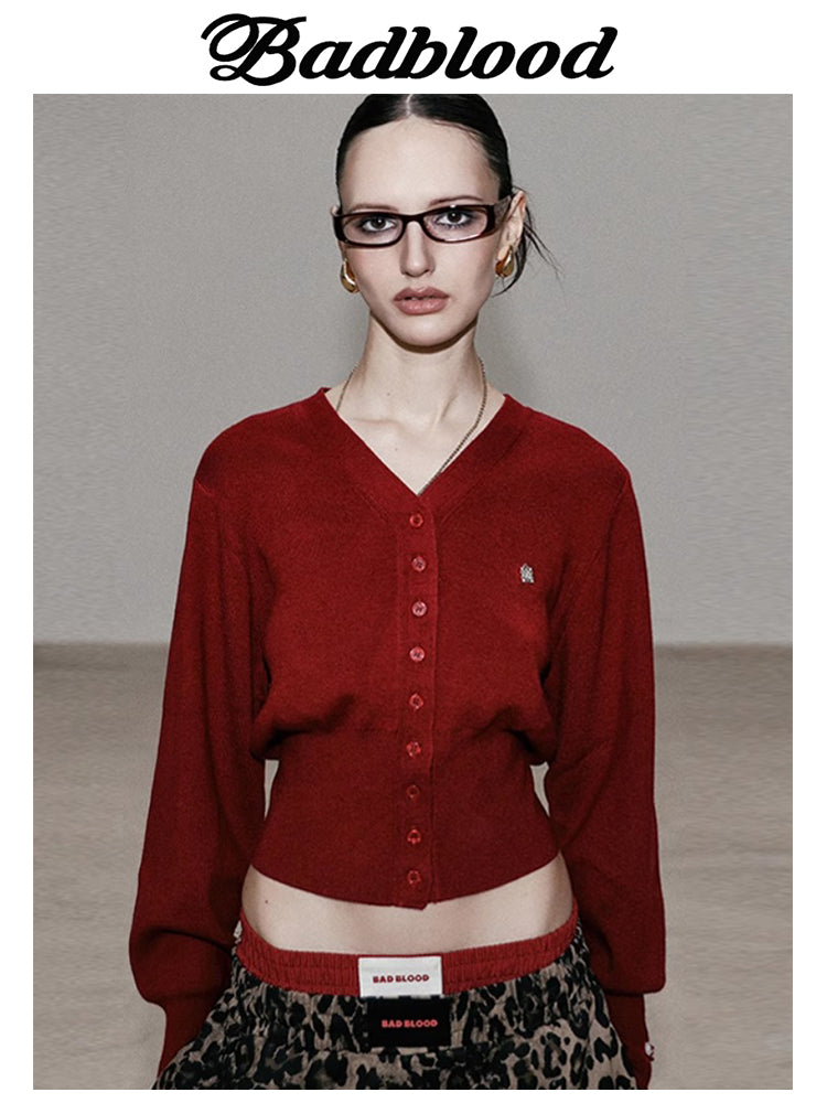Koreyalı Badblood Hot Girl Qırmızı Trikotaj Kardiqan Qadınlar üçün Yaz, Payız və Qış Uzun Qollu Üst Geyim Qısa Üst Gödəkçə