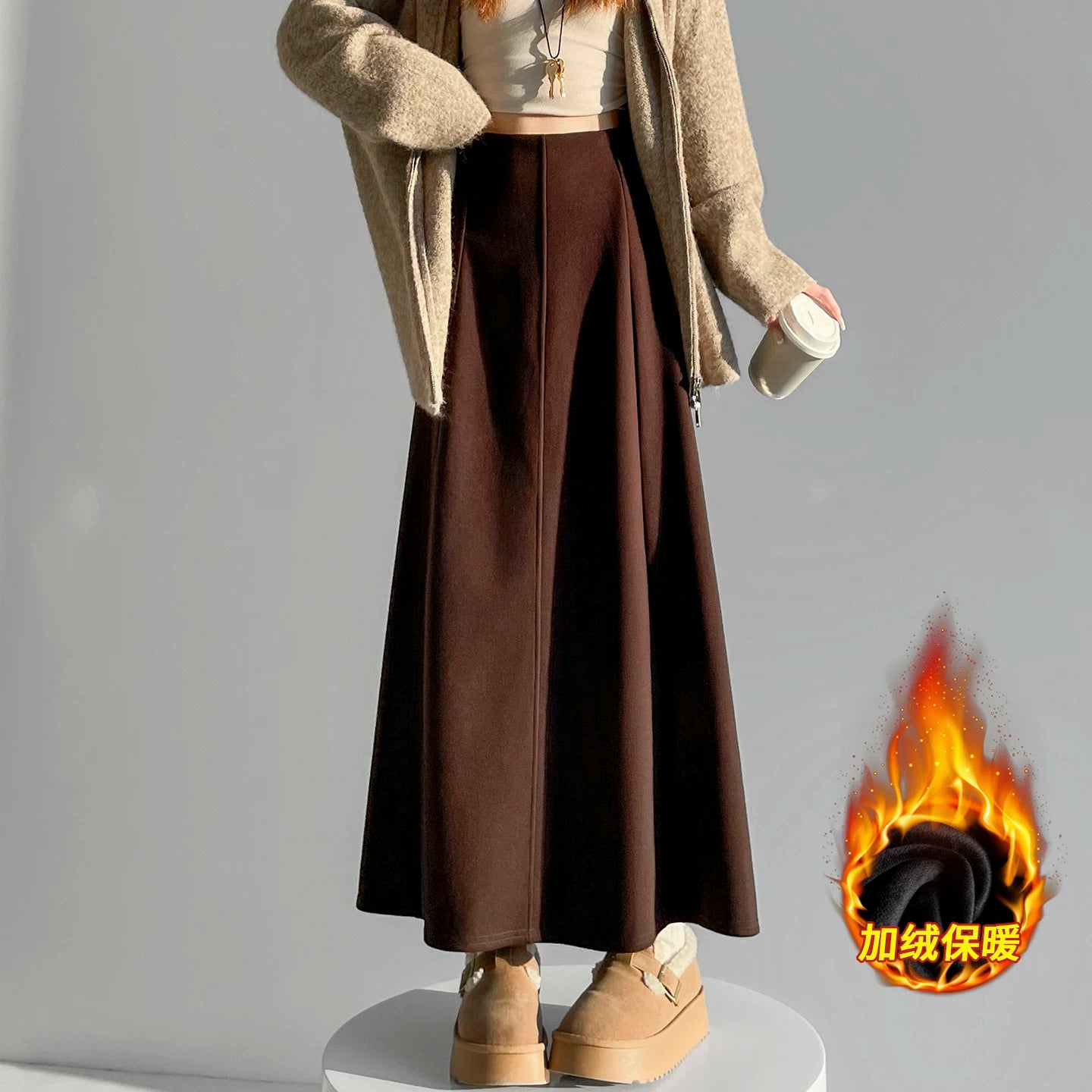 Qadın üçün kaşmir asetat yun midi ətək, yeni payız/qış üslubunda, yüksək belli, arıqladıcı A-xəttli maksi ətək, axıcı və çoxfunksiyalı.