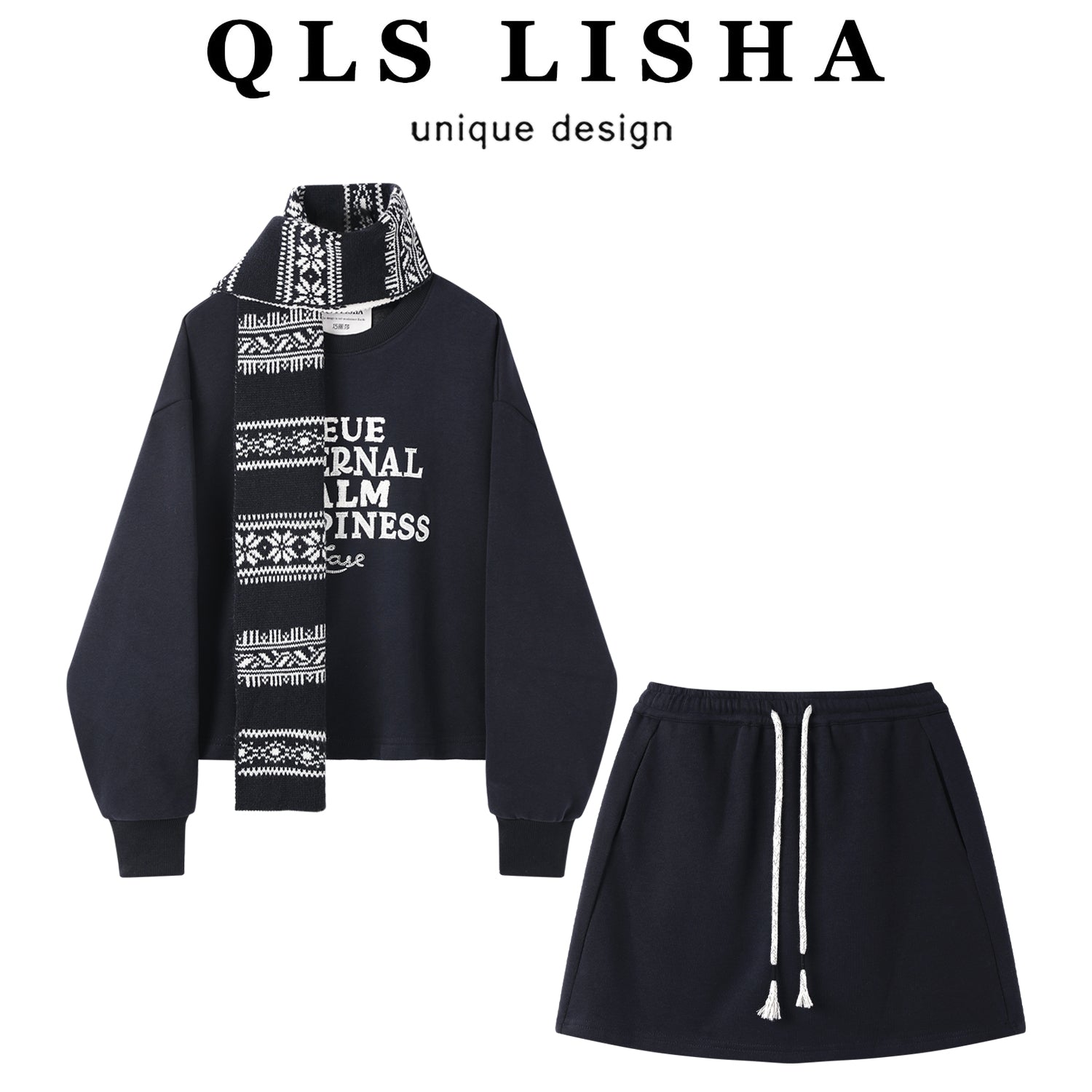 Cholisa Payız/Qış İki Hissəli Kostyum Dəsti: Qadınlar üçün Yun astarlı Qalın Dəyirmi Yaxalı Naxışlı Sviter və Yüksək Belli A-xəttli Ətək