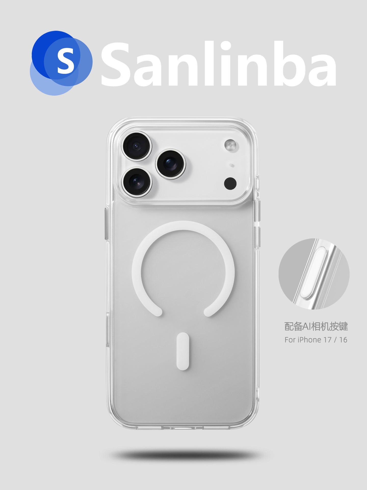 AI kamera düyməsi ilə təchiz edilmişdir Sanlinba'nın yeni AG şaxtalı şəffaf maqnit telefon qutusu, Apple iPhone17ProMax/16Pro hər şey daxil olmaqla MagSafe düşməyə qarşı uyğun olan kapasitiv düymə