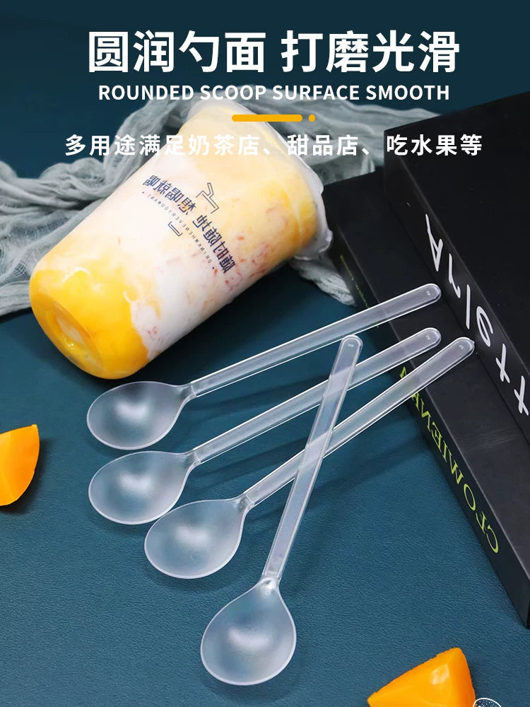 Birdəfəlik ayrı-ayrılıqda qablaşdırılan yanmış ot jele qaşıq, uzun saplı ticari plastik buz tozu süd çay qaşığı, meyvə çay qaşığı, qədim çay qaşığı