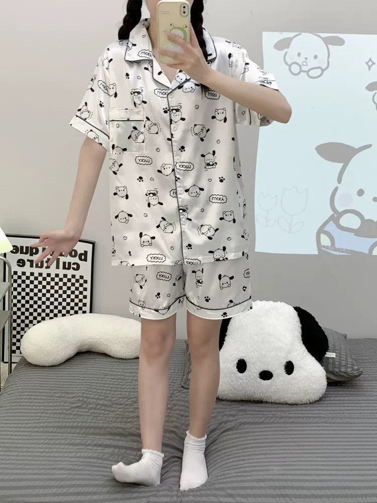 2026 Yeni Buz İpək Pijama Qadın Yay Qısaqol Karikatura Sevimli Yağ mm Plus Size Tələbə Ev Geyimi Dəsti