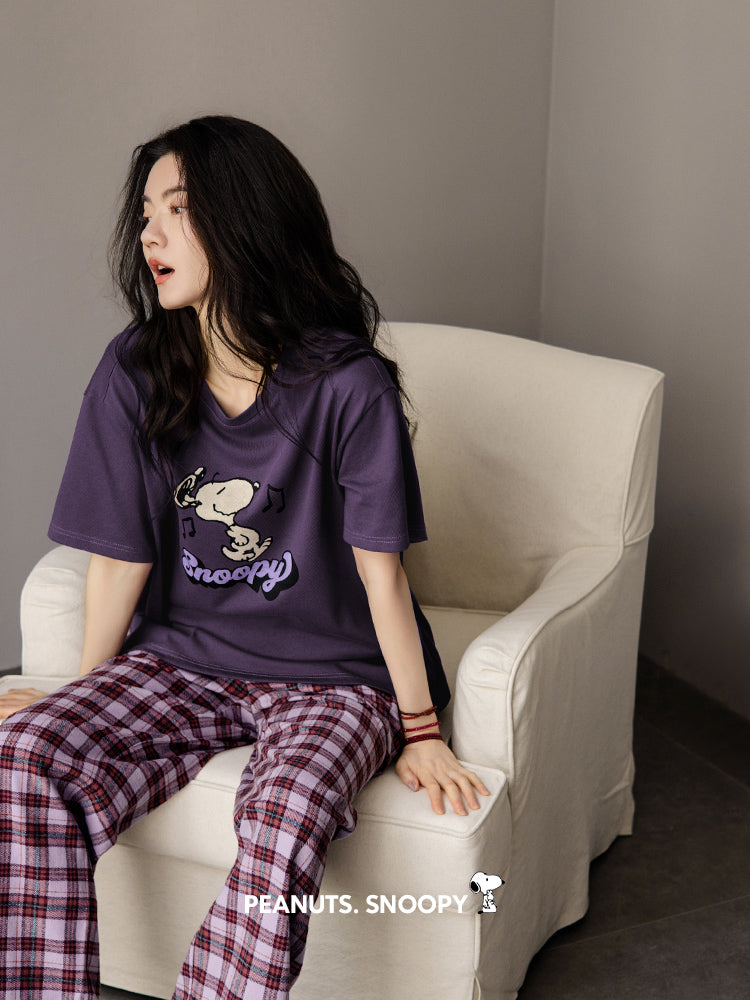 Qadınlar üçün Beiyan Snoopy pijama, nazik pambıq qısaqol, plaid şalvar, böyük ölçülü kostyum ev paltarından kənarda geyinmək olar