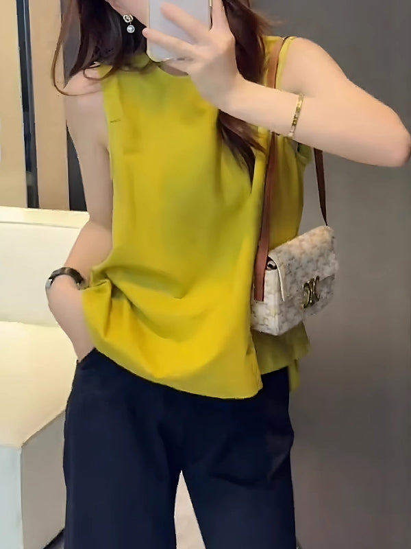 Böyük ölçülü qadın üçün dairəvi yaxalı qolsuz köynək, bu ilin dəbli yay köynəyi, fransız üslubunda içi boş, arxası açıq köynək.