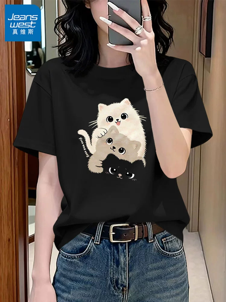 Jeanswest qara təmiz pambıq sağ çiyinli qısaqol köynək qadınlar üçün yay 2026 yeni boş dizaynlı yarımqol tops X
