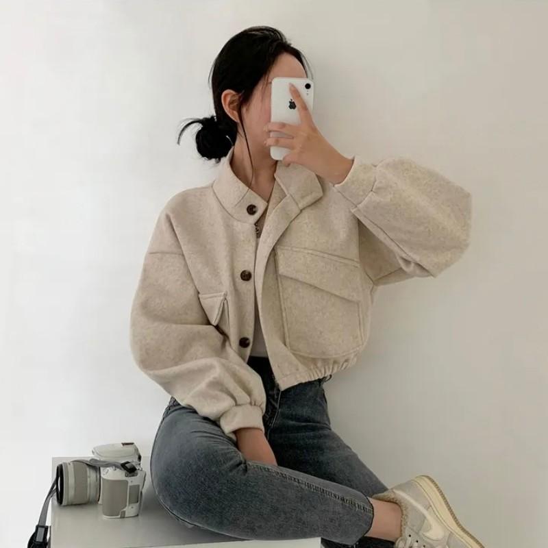 Qadınlar üçün Koreya şık retro niş qısa palto, payız və qış, dayaq yaxası, tək dizli, boş, gündəlik, çox yönlü yun top