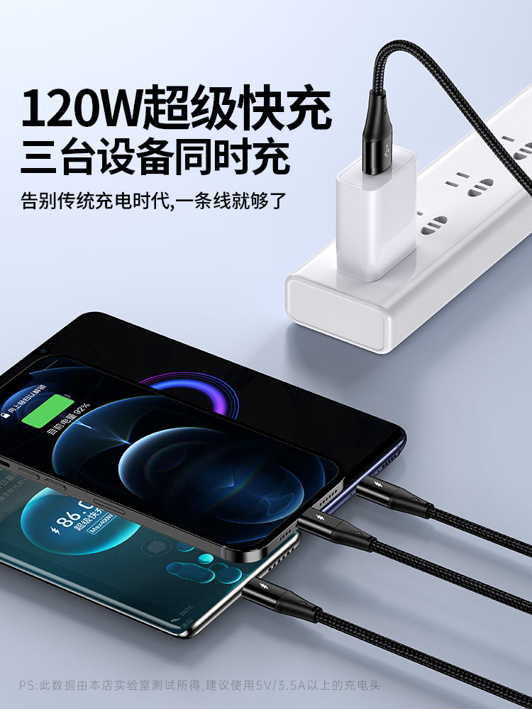 [120W super sürətli şarj] BS Apple, Huawei, Xiaomi, iPhone və Android mobil telefonları, üç başlıq tipli enerji bankı, çox funksiyalı avtomobil üçün üçü birdə məlumat kabeli, birdən üçə qədər şarj kabeli üçün uyğundur