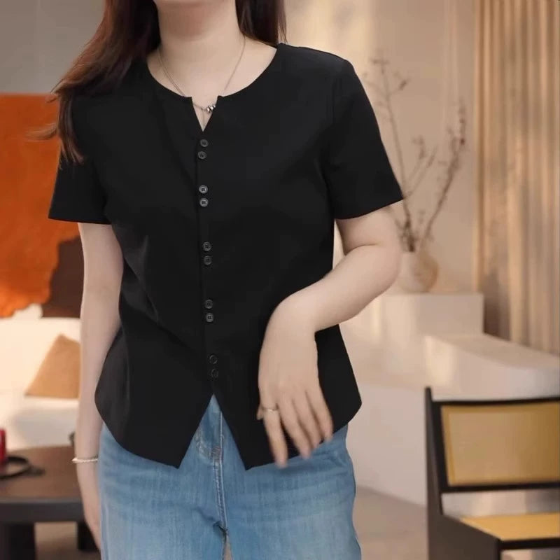 Böyük ölçülü, təmiz pambıq dizaynlı, qadınlar üçün qısaqol köynək, yay, arıqlama üçün, geniş, dəbli və gənclik üçün.