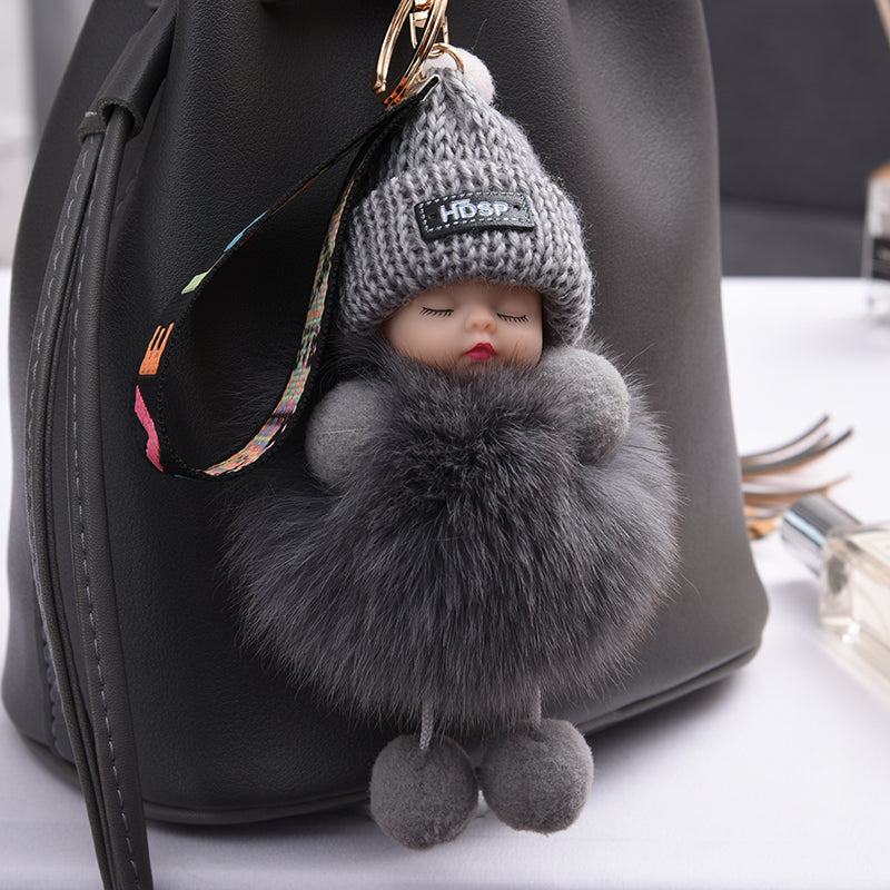 Real fox fur pompom sleep doll for women, cute plush toy, backpack charm, creative car key chain pendant.
