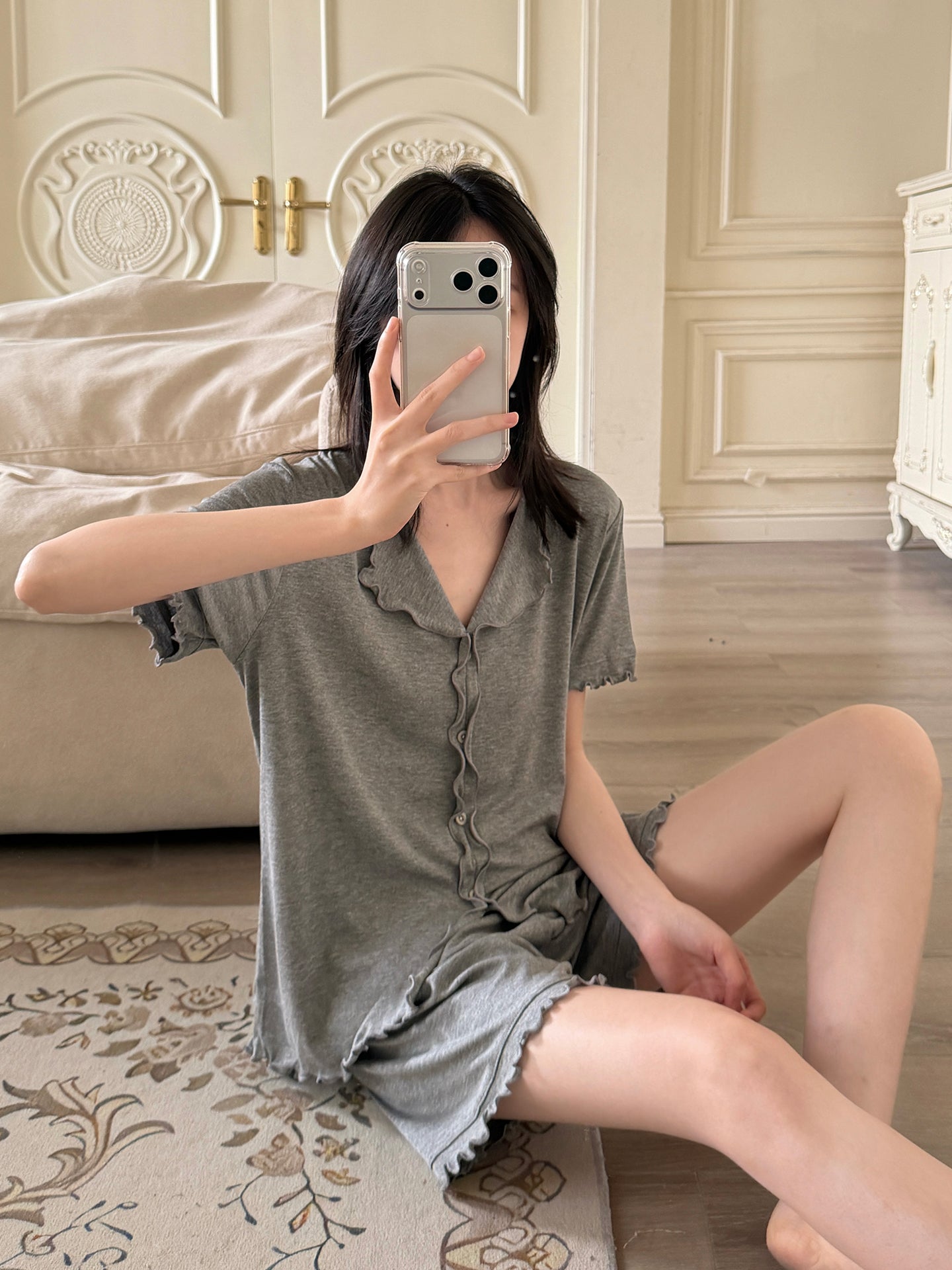 Qadınlar üçün pijama yay modal kiçik yaxa göbələk qısaqol şort nazik boş təsadüfi iki parça ev paltarı