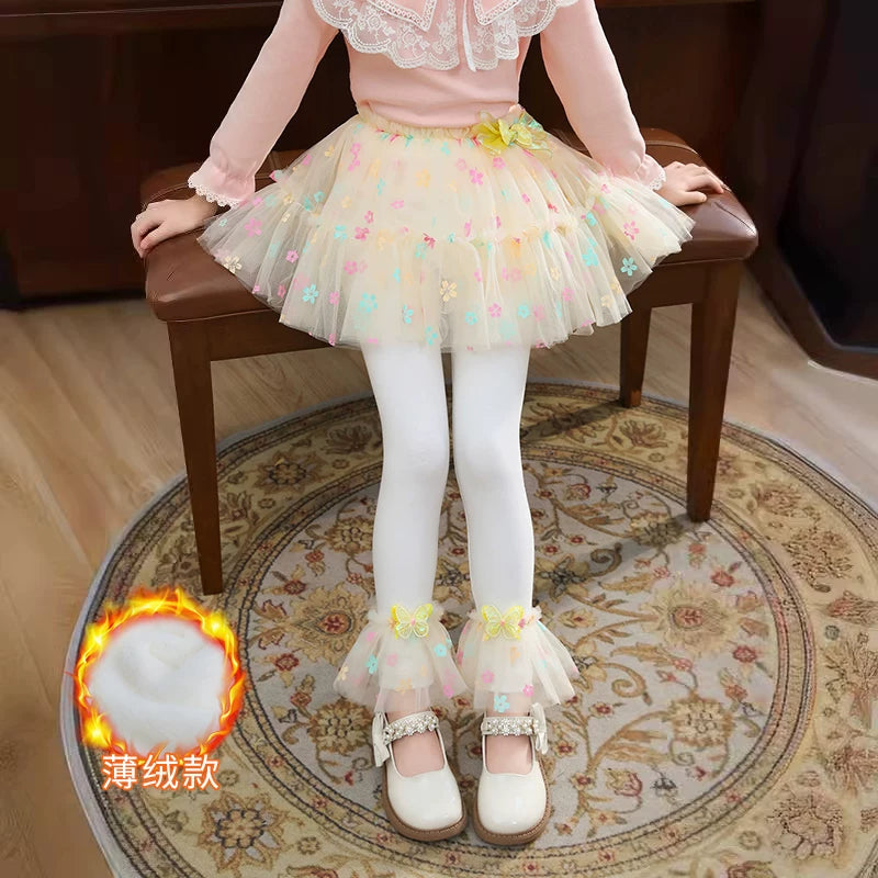 Qızlar üçün bir hissəli ətək şalvarları, 2025-ci ilin yaz və payız mövsümü üçün yeni model uşaq qış geyimləri, flis astarlı, süni iki hissəli leqinslər, ağ, çöldə geyinmək üçün.