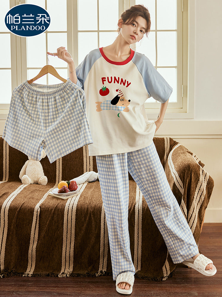 Qadınlar üçün üç hissəli təmiz pambıq pijama dəsti, yastıqlı qısaqol şalvarla yay sevimli cizgi filmi qız tələbə ev paltarı
