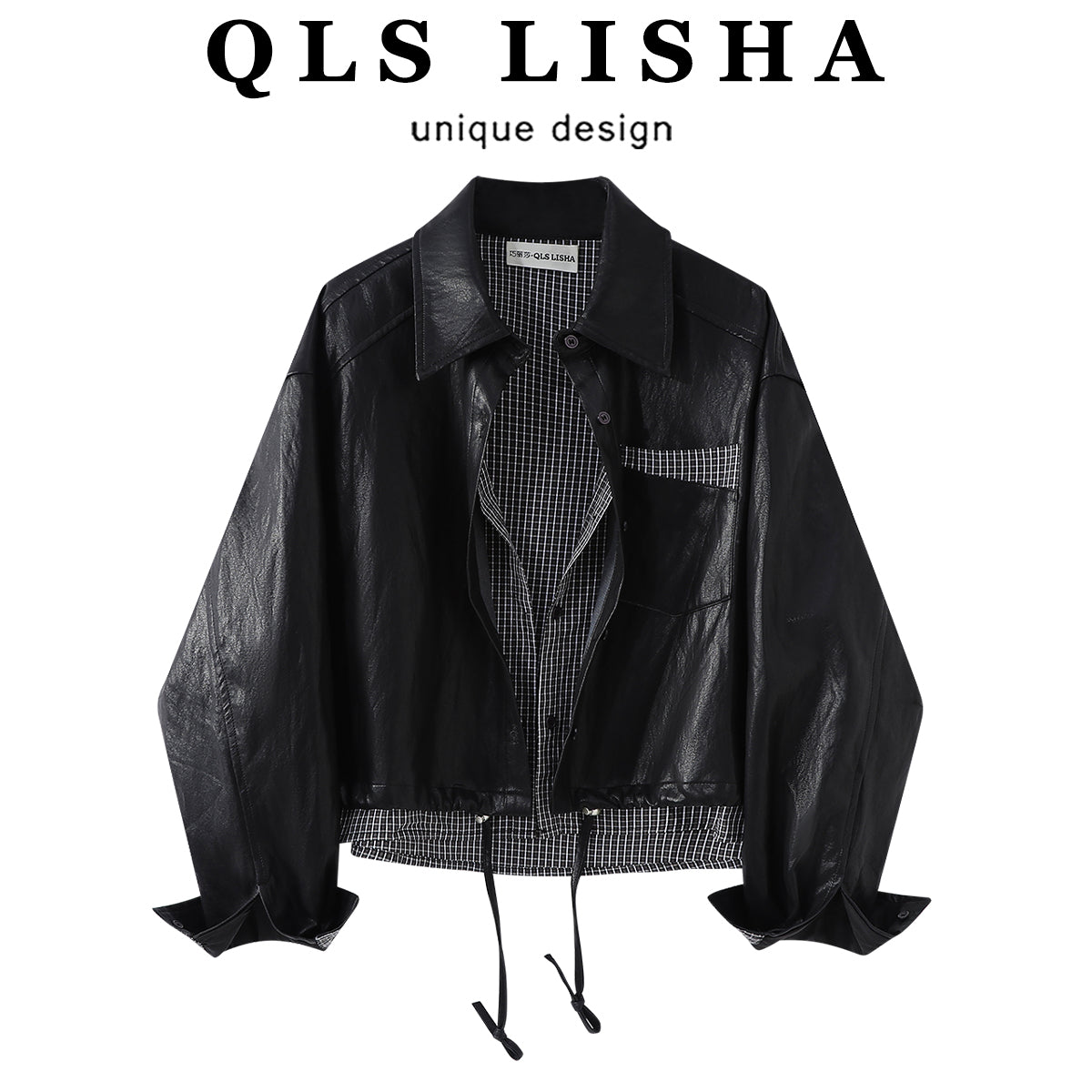 Cholisa-nın zərif dama-dama köynəyi və dəri yamaqlı gödəkçəsi, sərin və şık payız stilində, yaxalıqlı motosiklet gödəkçəsi ilə.