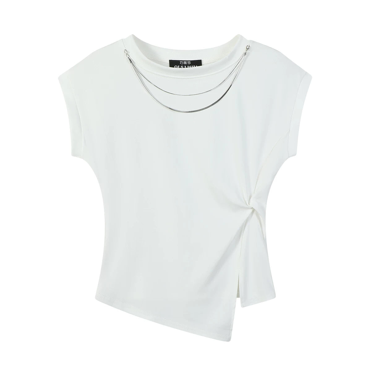 Cholisa-nın özünəməxsus zəncir dizaynı, çiyinləri açılan qollar, qeyri-bərabər düyün, qadınlar üçün yüksək keyfiyyətli qısaqol köynək, yay.