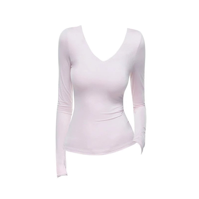 Qadınlar üçün Amerika üslubunda seksual V-yaxalı uzunqol futbolka, 2025-ci ilin payızının əvvəlləri üçün yeni model, incə oturuşlu, elastik bel çəkən köynək.