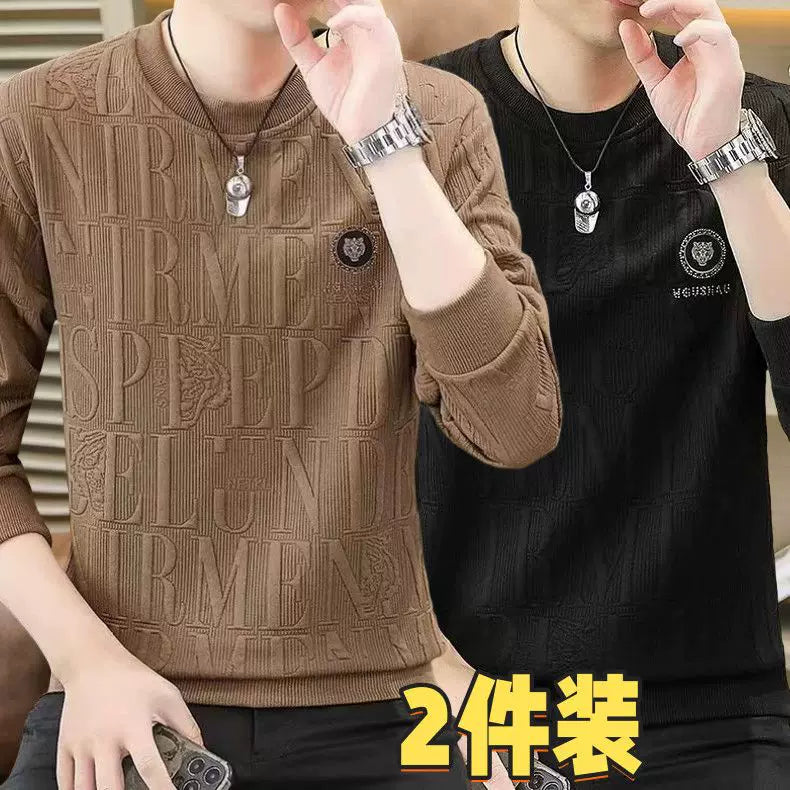 Kişi üçün uzunqol futbolka, boş dairəvi yaxalı sviter, dəbli jakkardlı çoxfunksiyalı futbolka, əsas qat.