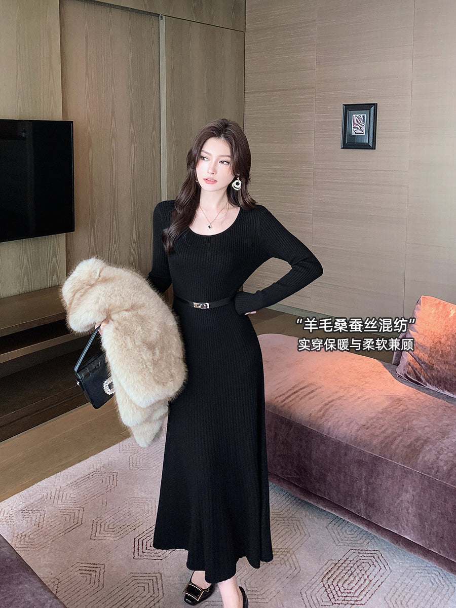 Island Song Lady Yun Örgü Don Qadın Payız və Qış A-xətt Ətək, İncə Uyğun, Qara Daxili Qatlı Zərif Baza Don