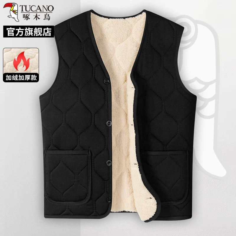 Woodpecker 2025 Qış Yeni Kişilər üçün Yun Astarlı Qalın Jilet, Orta Yaşlı və Yaşlı Atalar Üçün Üst Geyim, İsti Jilet C