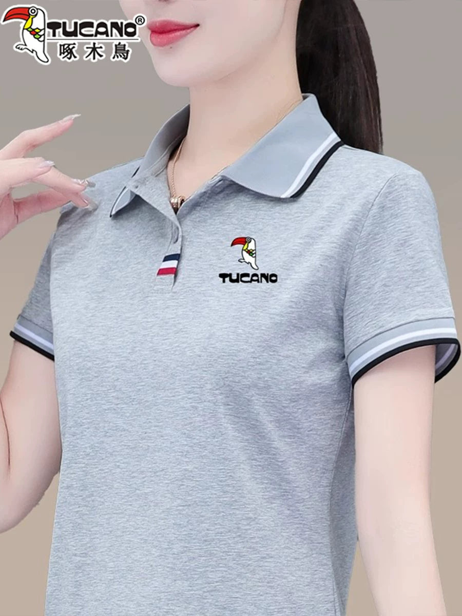 Ağacdələn təmiz pambıq qısaqol köynək qadın yay 2026 yeni Polo köynəyi boş arıqlayan dik yaxa idman təsadüfi köynək