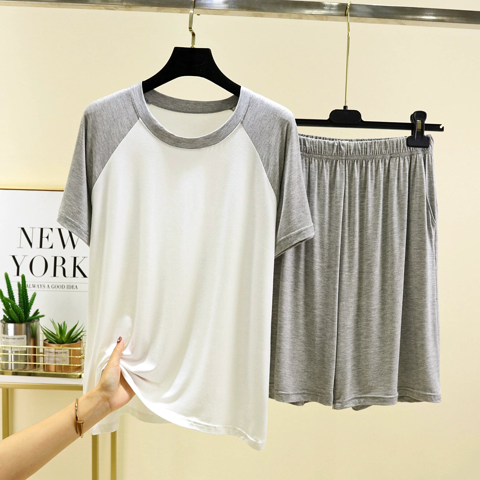 Kişi modal raglan pijama və pijama şalvar dəsti yay böyük ölçülü boş nazik gündəlik gündəlik xarici geyim ev geyimi iki parça dəst