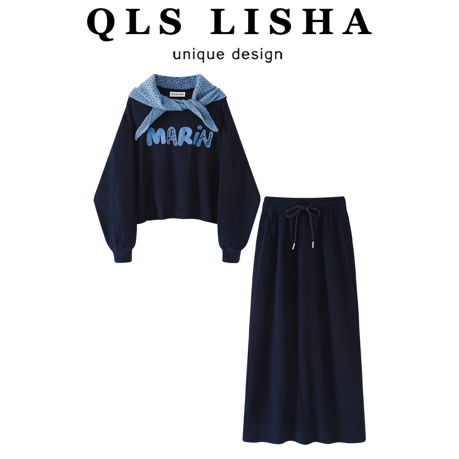 Cholisa Koreyalı Qəşəng Yüksək Bəzəkli Sviter Dəsti, Şal Topu və Yüksək Belli Kəsik Ətəklə - Qadınlar üçün Payız/Qış Üç Hissəli Dəst