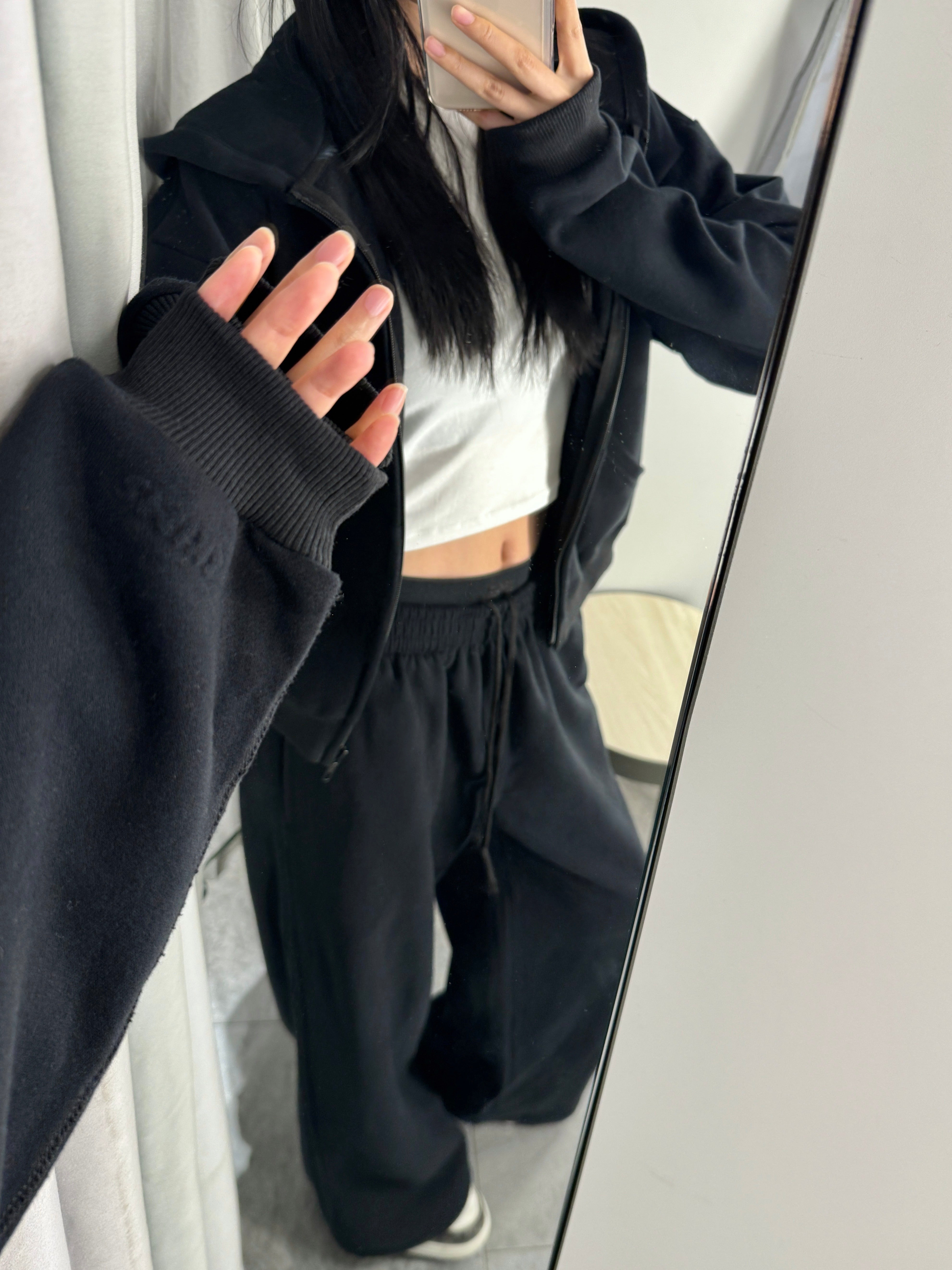 Orijinal Skims Payız/Qış Yeni Stil Kapüşonlu Fermuarlı Sweatshirt Qadınlar üçün Təsadüfi Dəst, Kardashian İkiqat Bel Düz Ayaqlı Şalvar