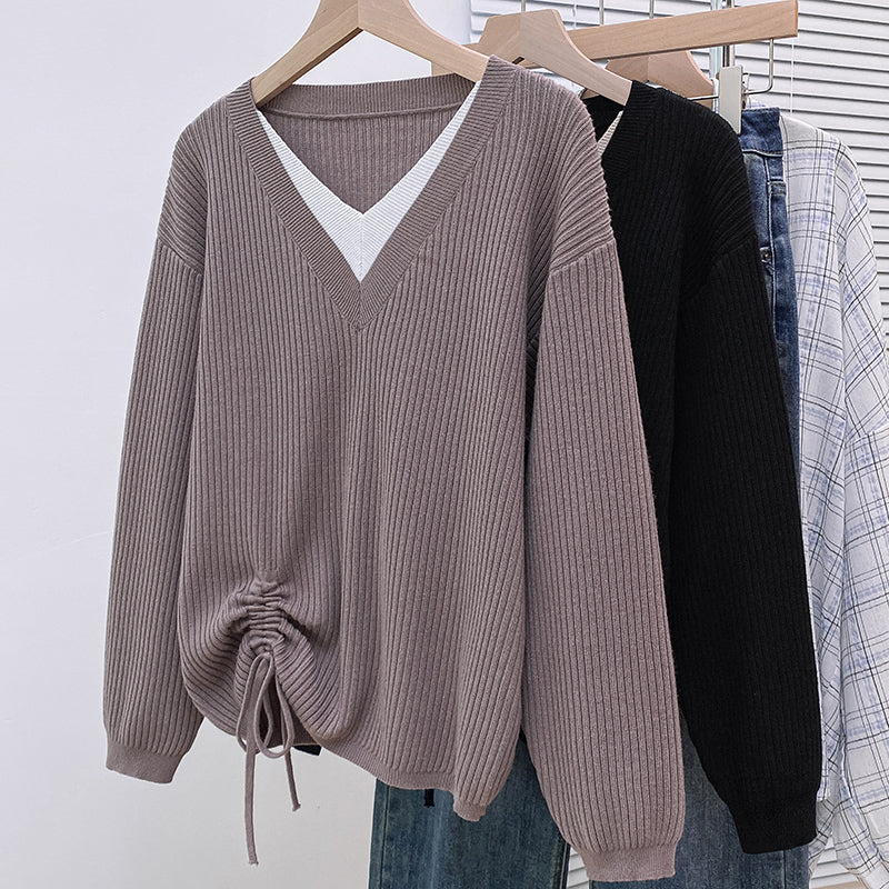 Original order for foreign trade export withdrawn, label cut off, autumn and winter fake two-piece V-neck pullover sweater, large size women's long-sleeved knitted clothing