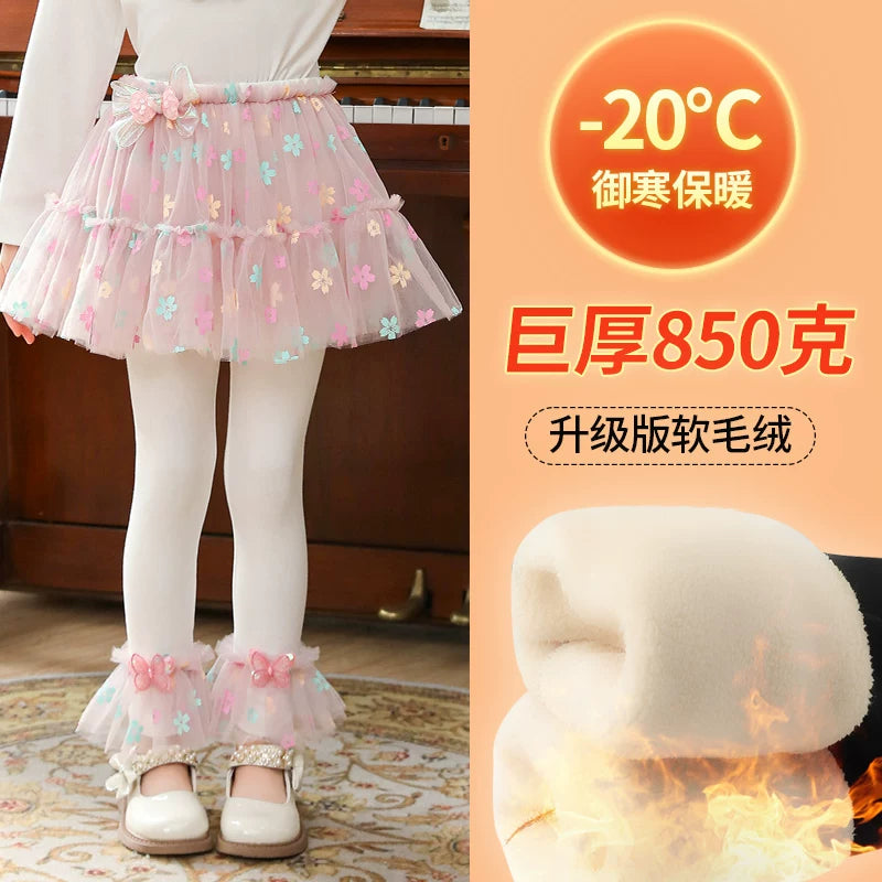 Qızlar üçün bir hissəli ətək şalvarları, 2025-ci ilin yaz və payız mövsümü üçün yeni model uşaq qış geyimləri, flis astarlı, süni iki hissəli leqinslər, ağ, çöldə geyinmək üçün.