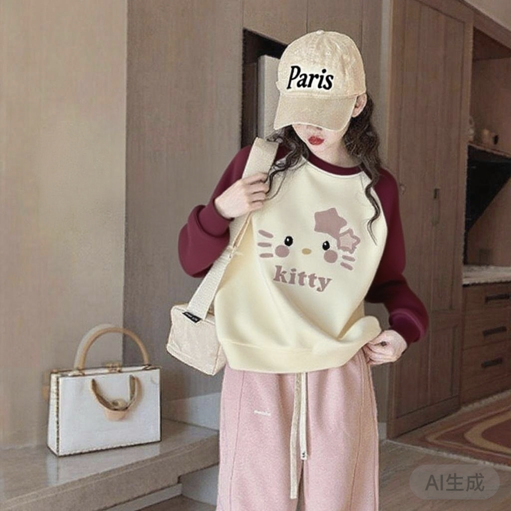 Qızlar üçün uzunqol sviter, yaz, payız və qış, orta və böyük yaşlı uşaqlar və tələbələr üçün şık, geniş uşaq formalı Hello Kitty alt qatlı üst geyim.