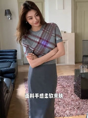 Gündəlik və rahat iki hissəli dəst, 2025-ci ilin erkən yaz yeni rəngli bloklu dama-dama toxunmuş hırka qısaqol top dəsti