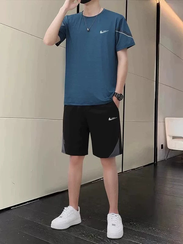 Niketon kişi idman kostyumu yay yeni buz ipək nəfəs ala bilən tez quruyan təsadüfi boş fitness qaçış iki hissəli dəst