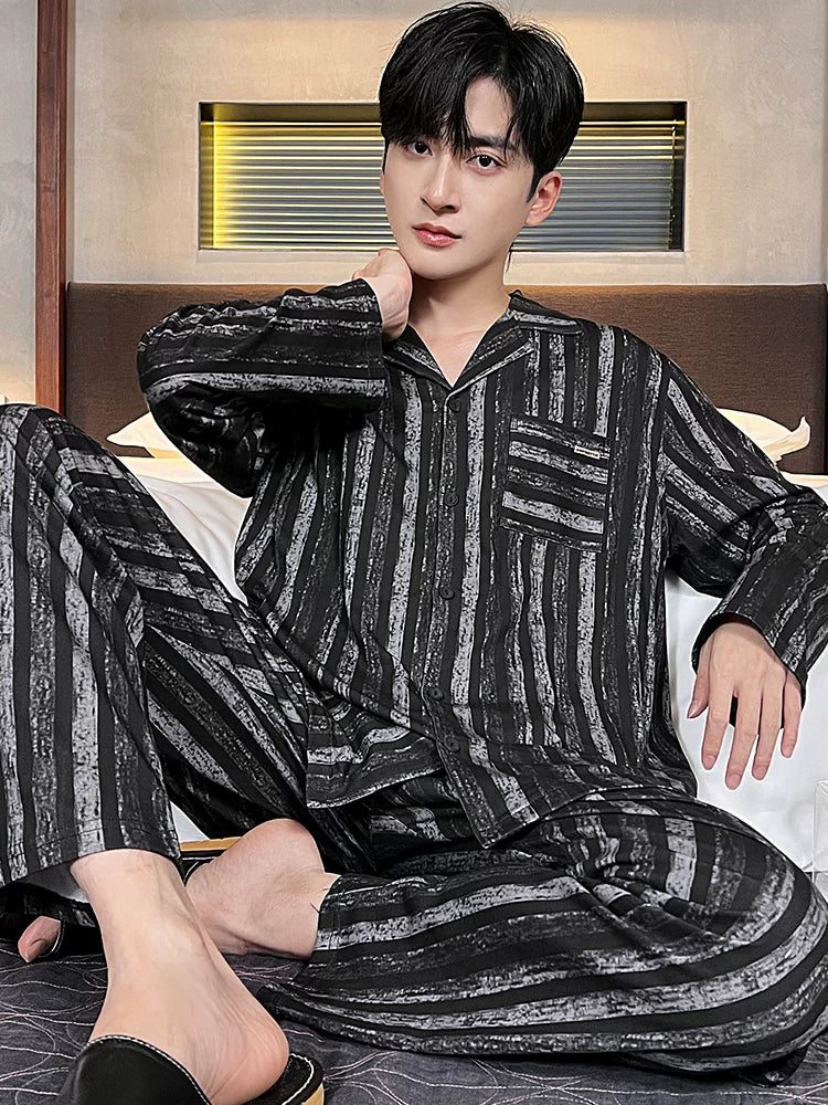 Langsha Kişilər üçün Təmiz Pambıq Pijama 2025 Yeni Yaz və Payız Nazik Uzunqollu Böyük Ölçülü Payız və Qış Kişilər üçün Ev Geyimləri Dəsti