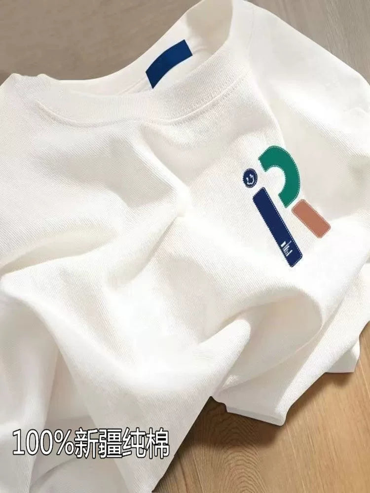 100% Sincan təmiz pambıq qısaqol köynək kişilər və qadınlar üçün milli moda ağ dibli köynək ins yay boş çaplı yarımqol köynək