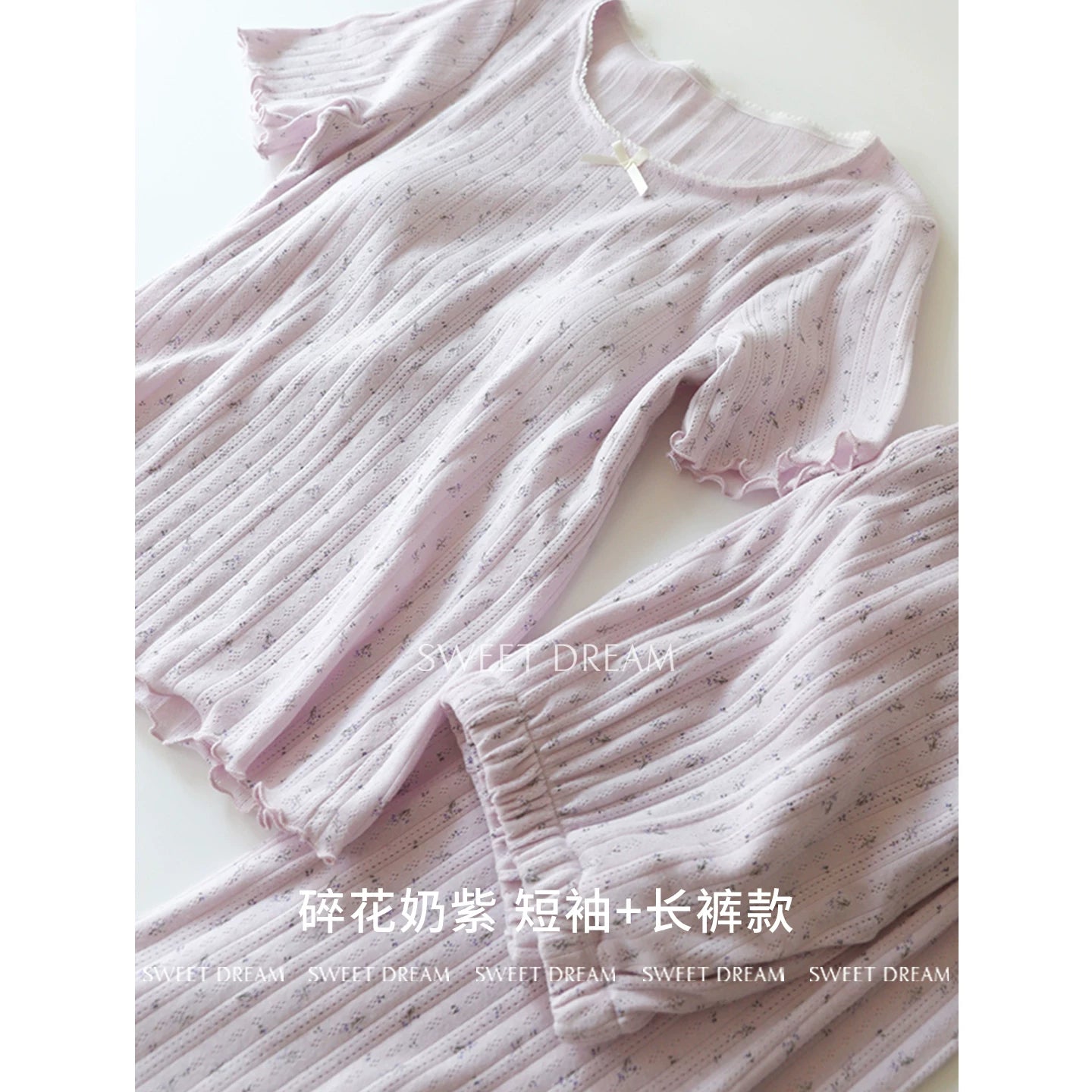 Hamısı bir yerdə qadınlar üçün döş yastıqları olan təmiz pambıq pijama, yay çiçəkli şirin üslublu pambıq qısaqol şalvar ev geyimi dəsti