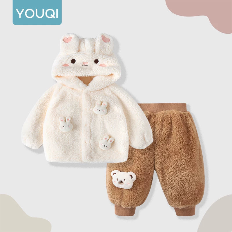 Yuqi Körpə İki Hissəli Dəsti Payız və Qış üçün, Bir Yaşlı Qızlar üçün Qalın Başlıqlı Geyim, İsti İki Hissəli Dəst