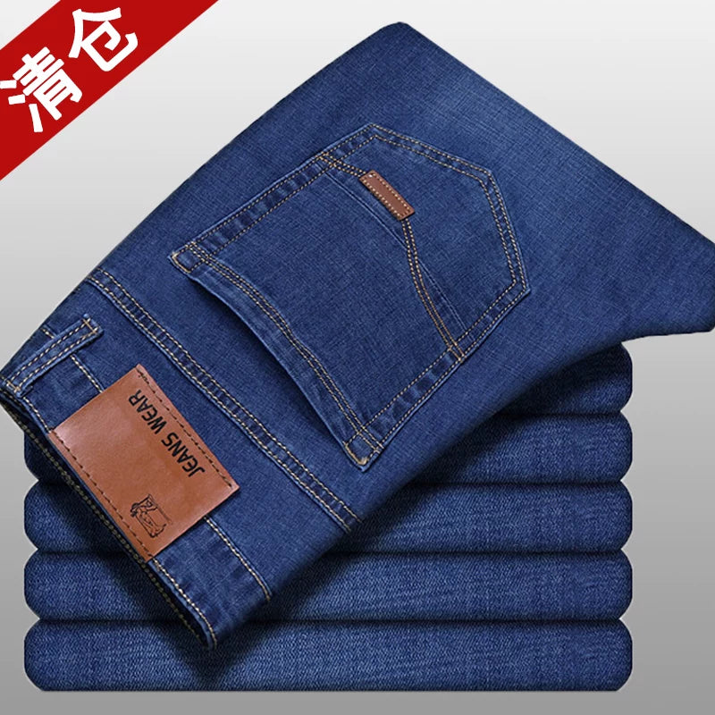 Kişilər üçün Payız/Qış Qalın Dartılan Yun Astarlı Denim Cins Şalvar, Düz Ayaqlı, Boş Formalı, Gündəlik, Böyük Ölçülü, Yüksək Bel, İsti və Quru Şalvar