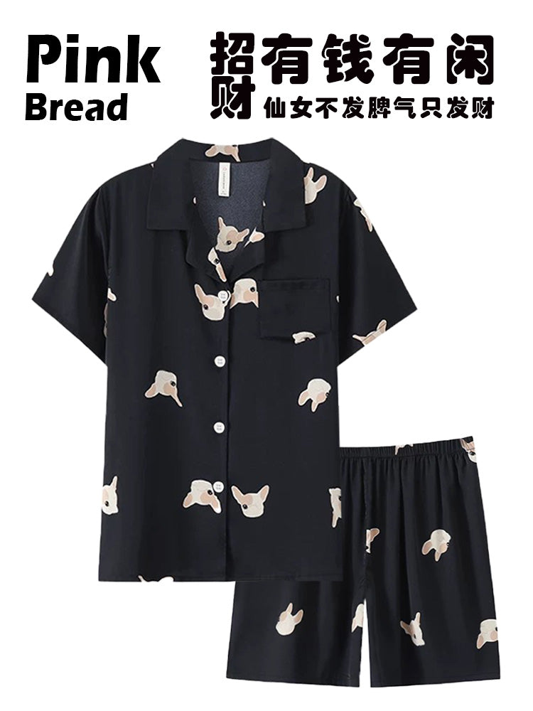 PinkBread [Fransız Çap Puppy] Kişi və Qadın üçün Cüt Pijama Yay Qısaqol Şort Pijama Buz İpək Ev Geyimi