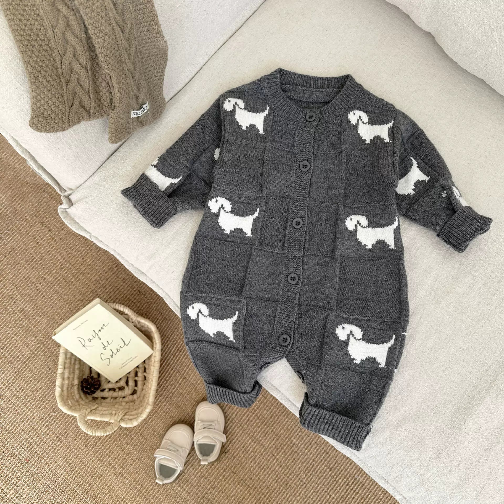 ARIELLE DE PINTO Oğlanlar üçün Fransız Yaz/Payız Körpə Trikotaj Onesie Sviter, Dolunay Çəkilişi/Sürünmə Kostyum