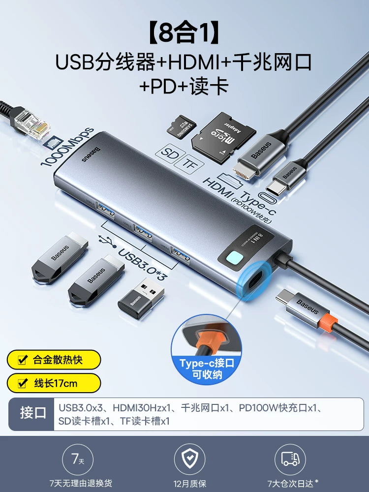 Baseus dok stansiyası Type-C-dən HDMI proyeksiyasına USB splitter adapter mərkəzi Kompüterlər, iPad-lər, noutbuklar, planşetlər və mobil telefonlar üçün Thunderbolt 4 çoxportlu Ethernet çeviricisi