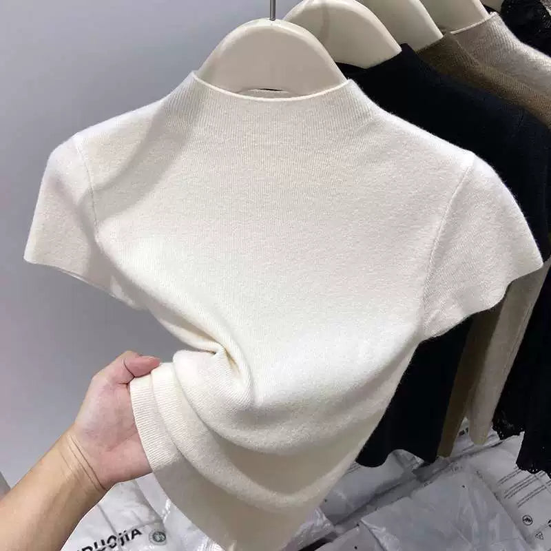 2025 Payız Yeni Gəlişi Yarım Hündür Yaxalı Yumşaq Qısa Qollu T-Shirt Trikotaj Qadınlar üçün İncə Uyğun Dayanacaqlı Yaxalıqlı Üst Qat