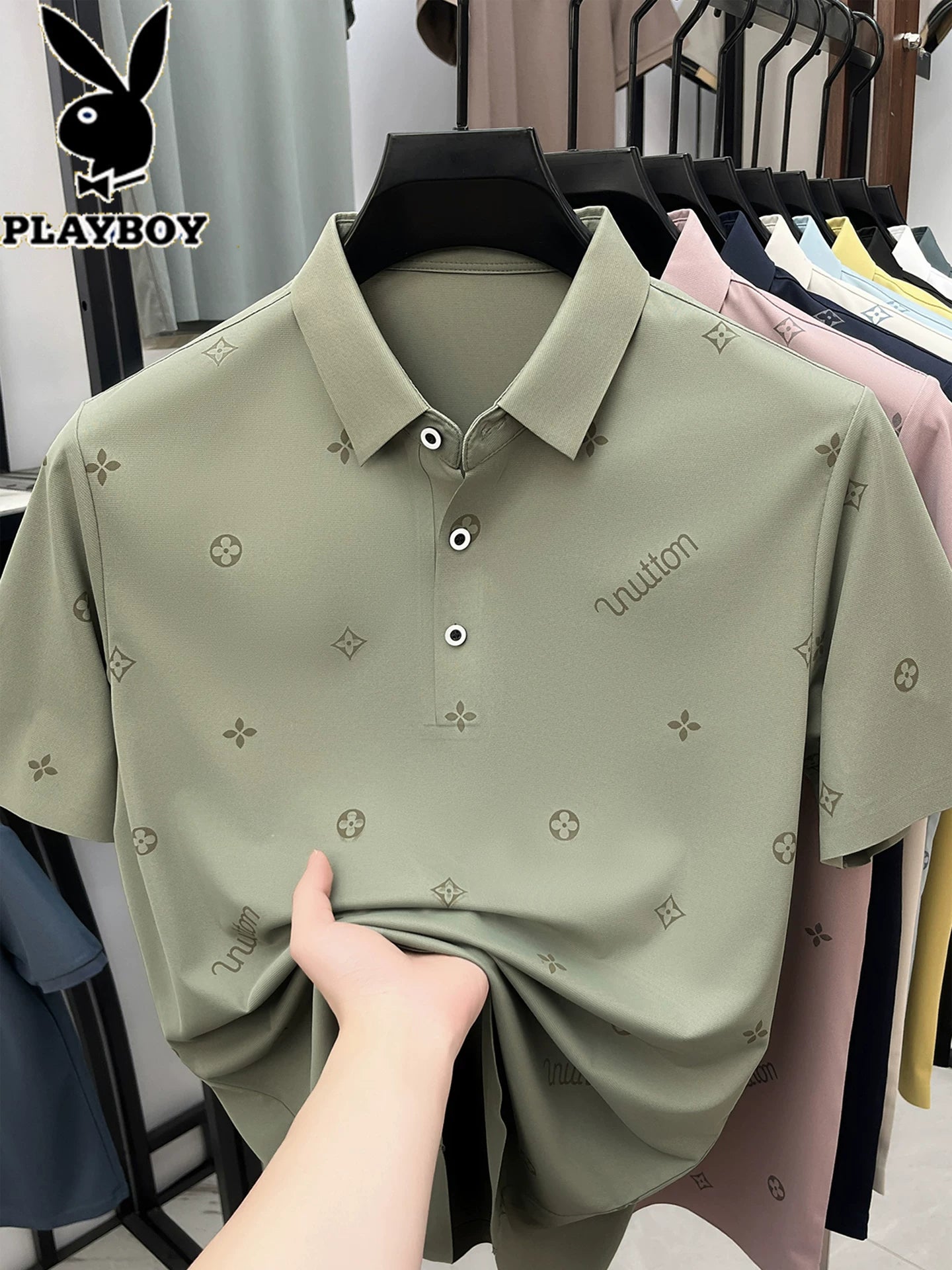 Playboy buz ipək qısaqol kişi yay köynəyi kişilər üçün yeni moda yarımqol tikişsiz sərin POLO köynək topları