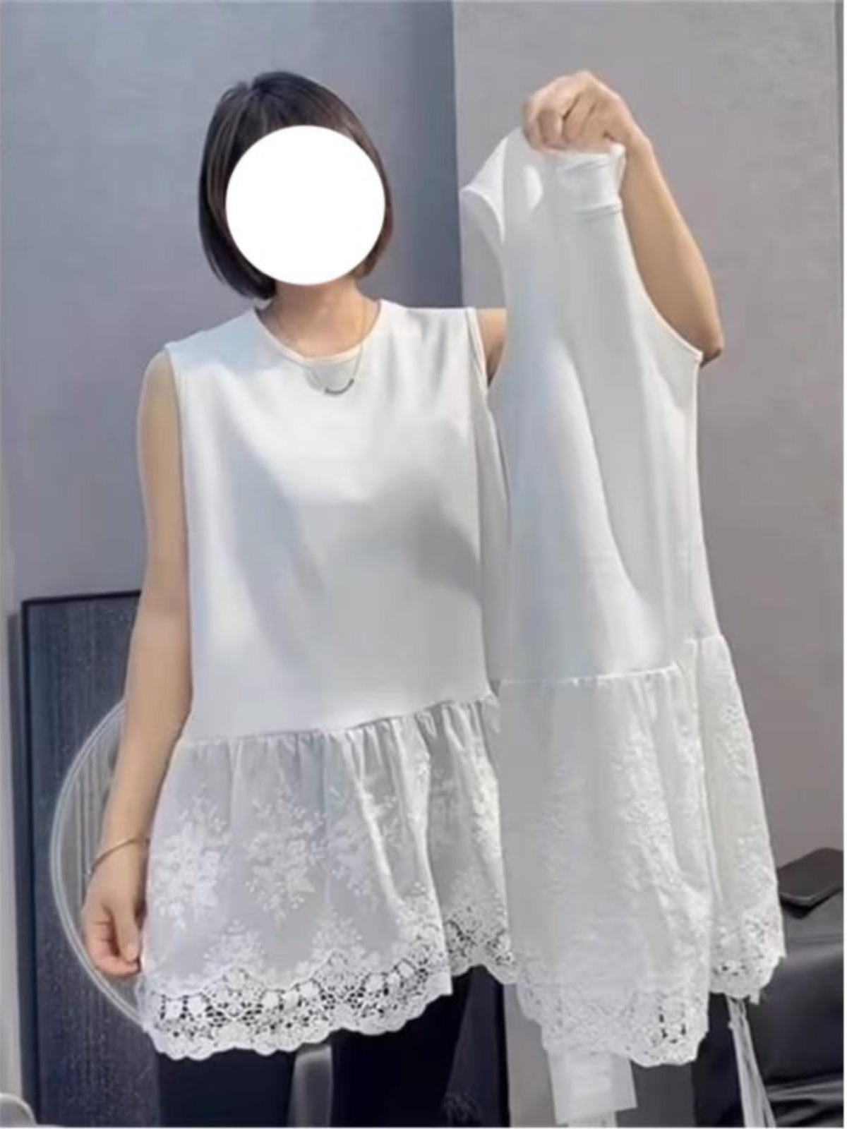 Böyük ölçülü qadın geyimləri, super şirin yeni yaz üslubu, krujeva bəzəkli qolsuz jilet, ətək və geniş ətək, zərif və zərif üslublu top.