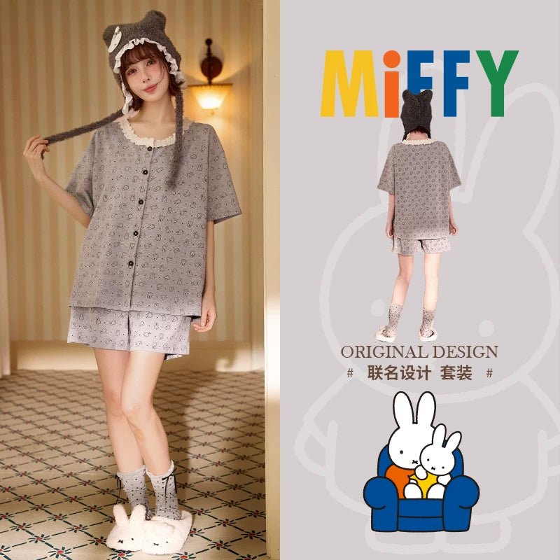 Gongdie [sərin tip] Qadınlar üçün Miffy yay qısaqol pijama təmiz pambıq təsadüfi tam çaplı cizgi filmi ev paltarı çöldə geyilə bilər